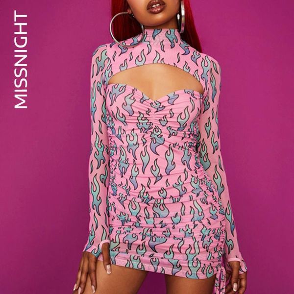 

missnight flame printed dresses for women hollow out ruched lace up pink turtleneck long sleeve bodycon dress y2k street casual, Black;gray