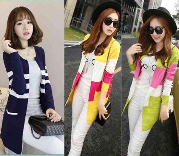 

korean stripe sweater cardigan long pink thin coat spring autumn long sleeved sweater plus size overcoat office lady, White;black