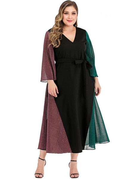 

plus size dresses patchwork y2k long sleeve dress women evening large v neck chiffon slim loose party casual indie clothes, Black