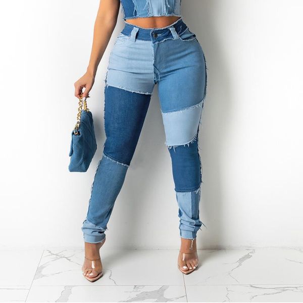 

women's jeans skinny high waist european style pencil trouser woman denim pants mom ripped pant, Blue