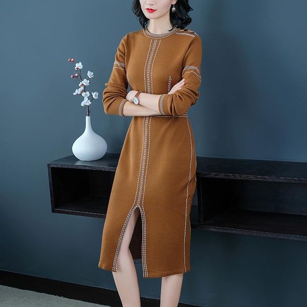 

casual dresses 2021 women's split knit dress long sleeve sweater autumn winter ladies striped slim fit pullovers, Black;gray
