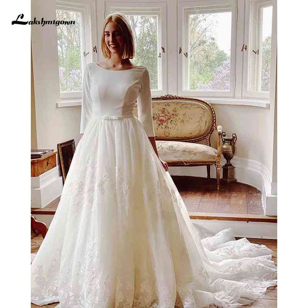 

new simple long sleeves plus size satin es scoop neck court train country style wedding bridal gowns 2021 xm9v, White
