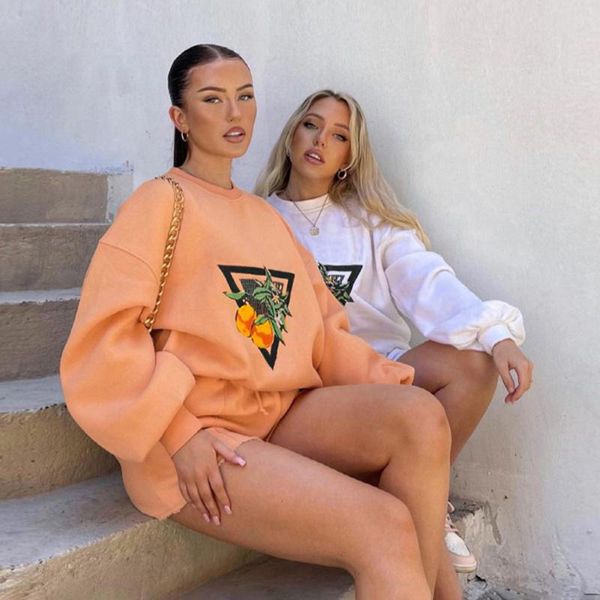 

women's tracksuits womens 2 piece set summmer autumn printing loose casual sweatshirt + sporting shorts sweat outfit solid color sets, Gray