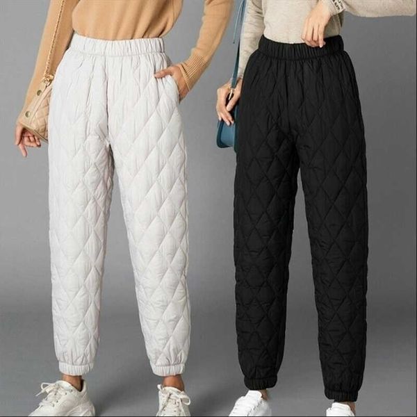 

women winter warm down cotton pants padded quilted trousers elastic waist casual 211115, Black;white
