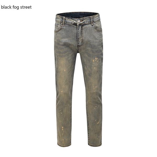 

men's jeans black fog street k77# vintage painted stretch cotton denim biker slim fit pleated pants for motorcycle, Blue