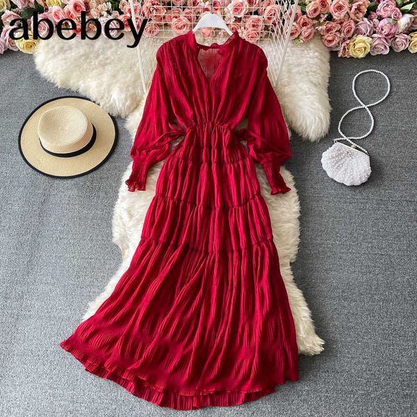 Vintage vermelho / laranja / bege chiffon vestido mulheres elegante v-pescoço lanterna manga longa cintura alta festa praia vestido feminino primavera 210715