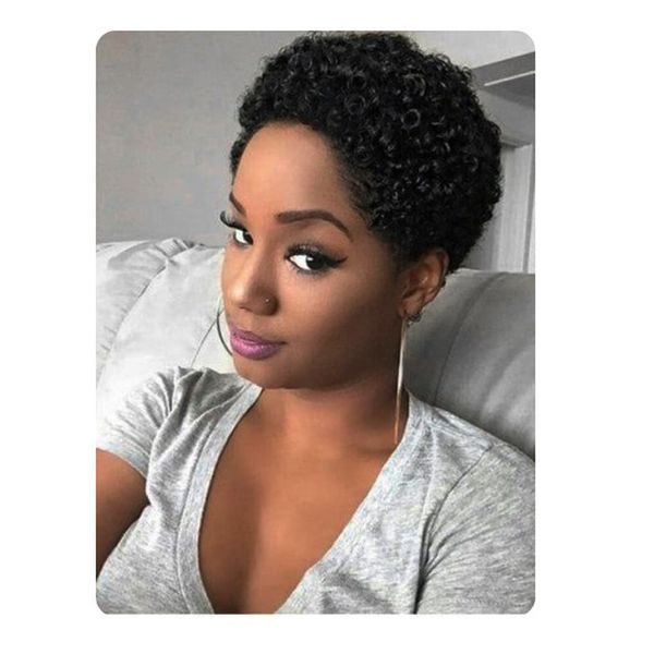 Kısa Kinky Curl Yumuşak Brezilyalı Afrika Amerikan Saç Siyah Peruk Simülasyon İnsan Saç Afro Pixie Lady için Kıvırcık Tam Peruk
