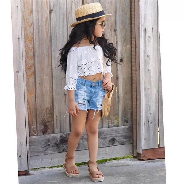 

kids clothing sets girls outfits baby clothes children wear suits summer lace blouses hole denim shorts 2pcs b7493, White
