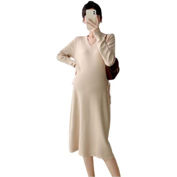 

maternity dresses 2021 autumn and winter knitting v-neck lace-up dress, White