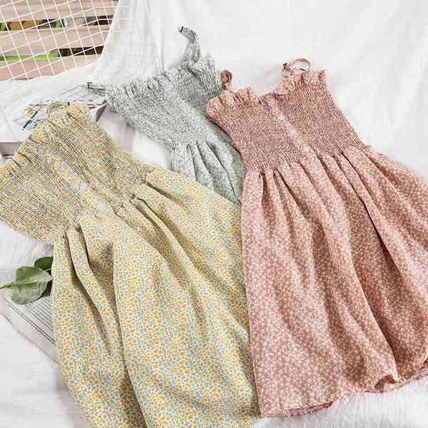 

two piece dress floral retro sling female summer korean chiffon mini dress for womens beach a-line sleeveless print vestidos vrbq, White