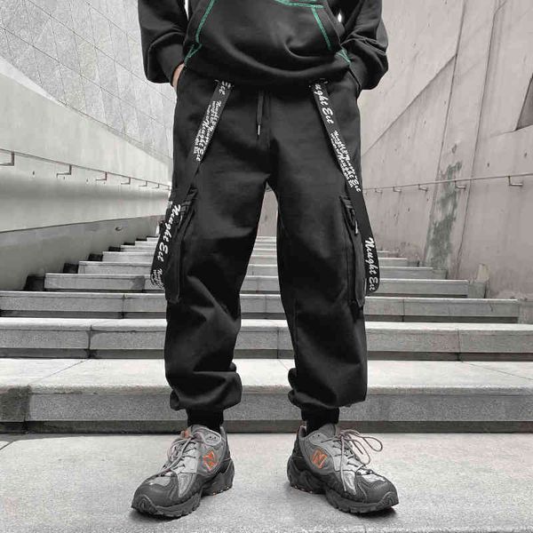 

men's pants men ribbons streetwear cargo 2021 autumn hip hop joggers overalls black fashions baggy pockets trousers drop vc2q
