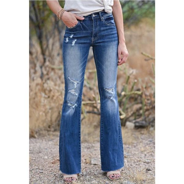 

fashion women button high waist pocket elastic hole mom jeans trousers loose streetwear straight denim pants women's, Blue
