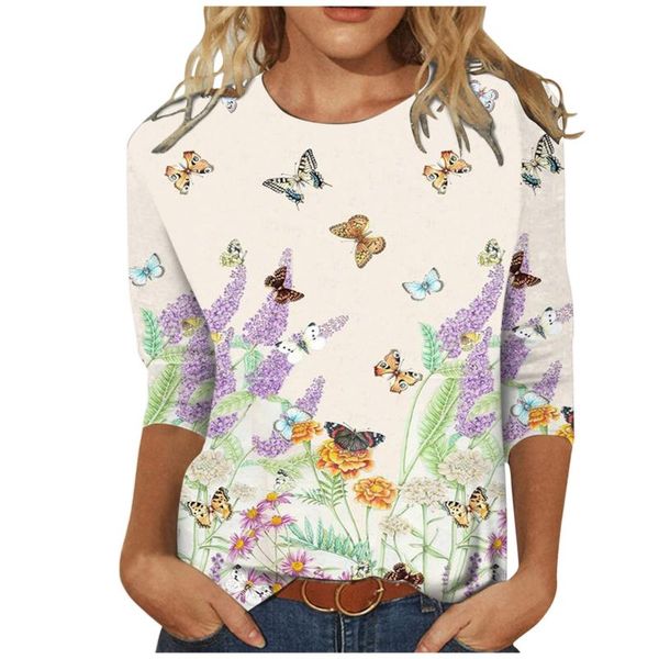 

women's blouses & shirts fashion ladies butterfly printed blouse mid-length sleeves crew-neck casual tee womens graphic female t-shirt, White