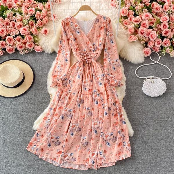 

casual dresses autumn women floral vintage dress v neck long sleeve bandage midi fashion vestidos french elegant robe female clothes, Black;gray