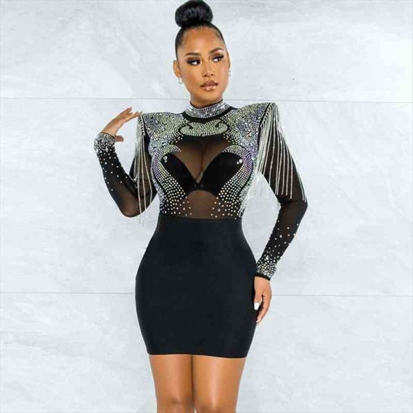 

luxury rhinestone tassel sparkly women dresses christmas club wear party night mesh sheer patchwork bodycon mini dress robe, Black;gray