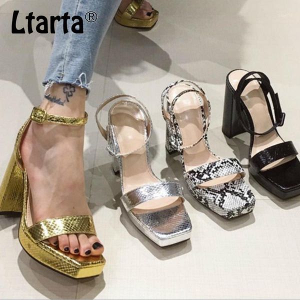 

dress shoes ltarta summer thick heel word buckle women's snake pattern high square head sandals cwf1, Black