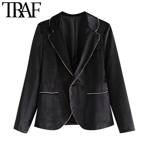 

traf women fashion patchwork velvet single button blazer coat vintage long sleeve pockets female outerwear chic 210415, Black;brown