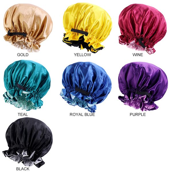 

women silky satin bonnet hair cap for sleeping double layer night invisible flat adjusting button head cover headwear hat, Blue;gray