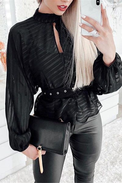 

women's t-shirt ladies striped v-neck hollow see-through chiffon shirt, White