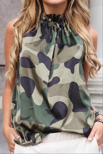 

female halter woman blouse sleeveless camouflage shirt summer tee, White