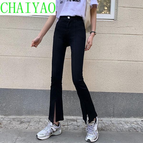 

women's jeans split black spring dress 2021 high waist thin wide leg pants nine point micro trumpet, Blue