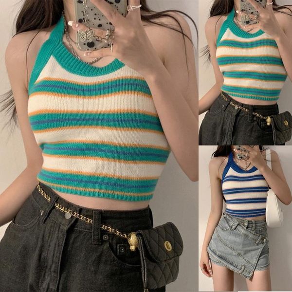 

women's tanks & camis y2k vintage fashion women halter neck sweet backless stripe pattern sleeveless contrast color vest party dating c, White