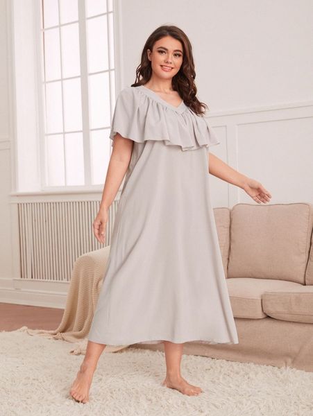

plus ruffle trim night dress s3ak#, Black;white