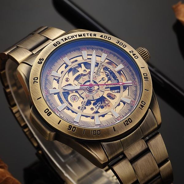

wristwatches classic vintage design automatic skeleton men mechanical watch luxury luminous roman numerals men's reloj hombre, Slivery;brown