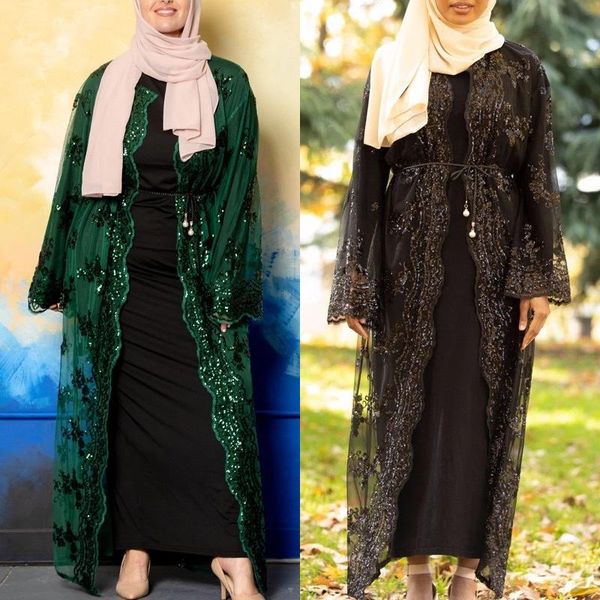 

ethnic clothing simple sequined beading muslim dress kimono long abayas women modest wear eid robes with belt f3013, Red