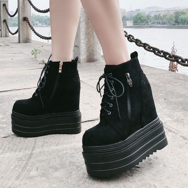 

boots increased within 14cm high heels fashion women lace-up suede wedge short thick-sole muffin ankle, Black