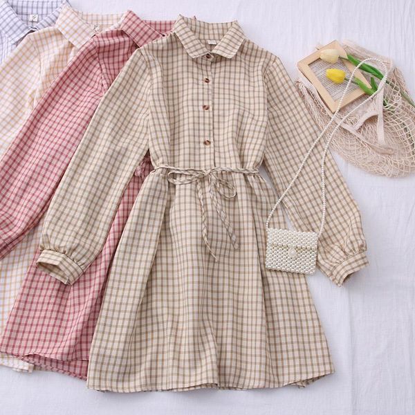 

casual dresses autumn and winter 2021 retro lapel single breasted waist slim bandage long sleeve plaid dress for women, Black;gray