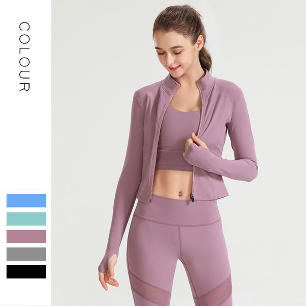 

long sleeve female naked sense tight yoga pants show thin stand collar sports running fitness suit coat, Gray