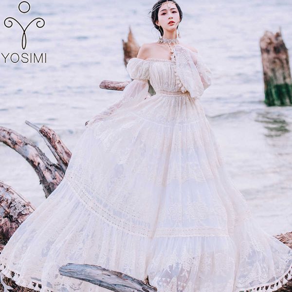 YOSIMI Summer Lace Long Women Dress Evening Party Maxi Vintage Lady White Off The Shoulder Tunica con nappa lunga fino al pavimento 210604