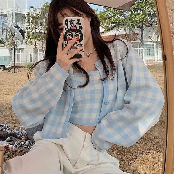 

spring plaid knitted suit casual fashion single-breasted long-sleeve loose cardigan and short sling vest two-piece set femme 210519, White