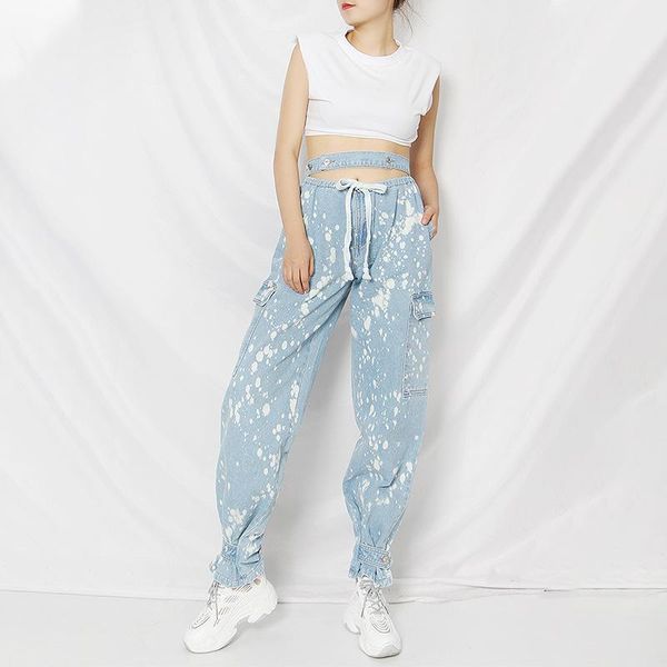 

boyfriend jeans for women 2021 autumn fashion casual hollow navel bare high waist drawstring pocket all-match women's, Blue