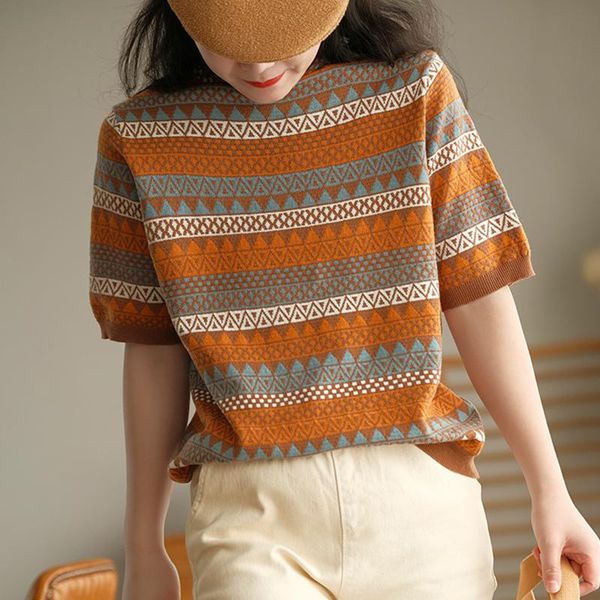 

women's t-shirt fairynatural ladies summer casual clothes knitted t-shirts short sleeve loose soft 2021 women geometric vintage shirt, White