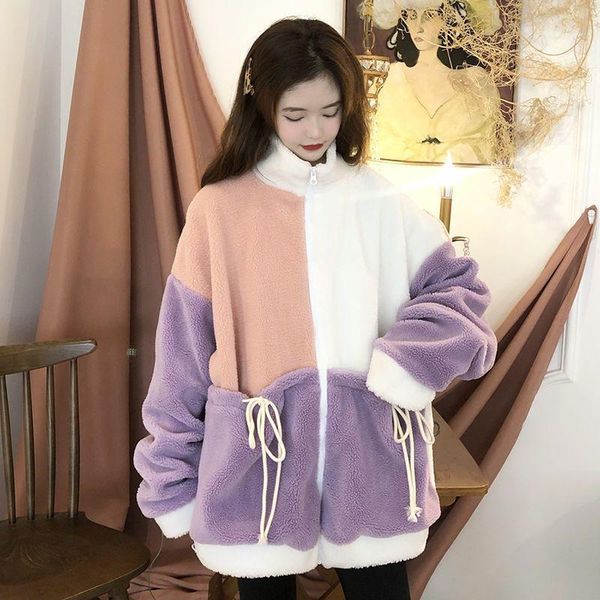 

women's jackets autumn and winter 2021 sweet design color contrast drawstring imitation lamb wool loose stand collar long sleeve coat f, Black;brown