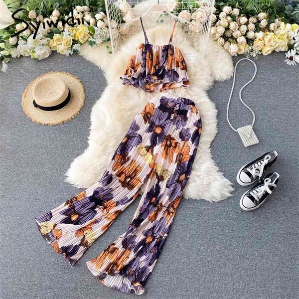 

two piece pants set women summer beach print short spaghetti strap and elastic high waist wide leg green 210607, White
