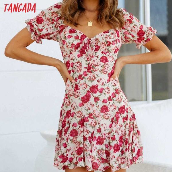 Tangada Sommer Frauen Red Rose Print Französisch Stil Kleid Puff Kurzarm Damen Sommerkleid 8M21 210609