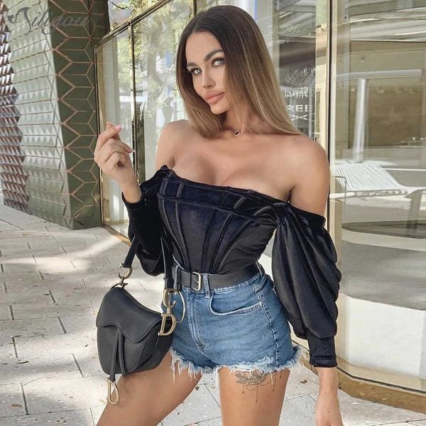 

arrival women steel bone puff long sleeve black velvet t-shirts ladies high street designer tees 210527, White
