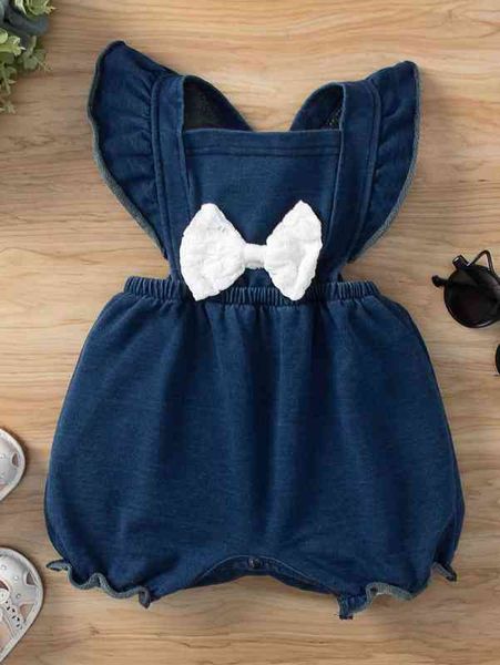

baby girl bow front ruffle trim denim romper she, Blue