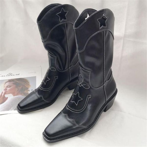 

boots 2021 women's retro embroidery western cowboy women mid-tube shoes fashion punk modern, Black