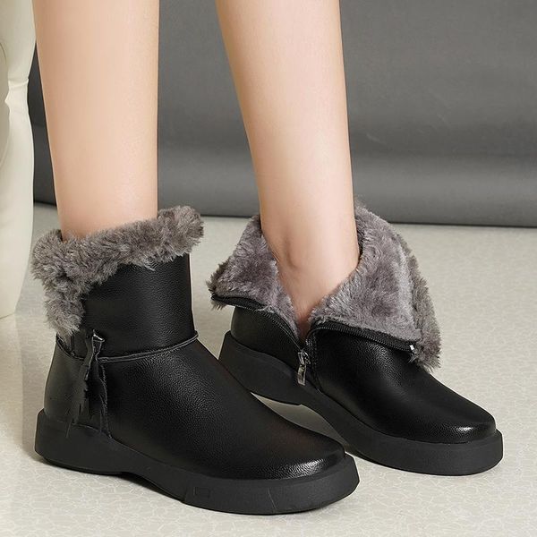 

boots 2021 women's winter plus velvet pu waterproof mid-tube thickened warm snow cotton shoes tide, Black