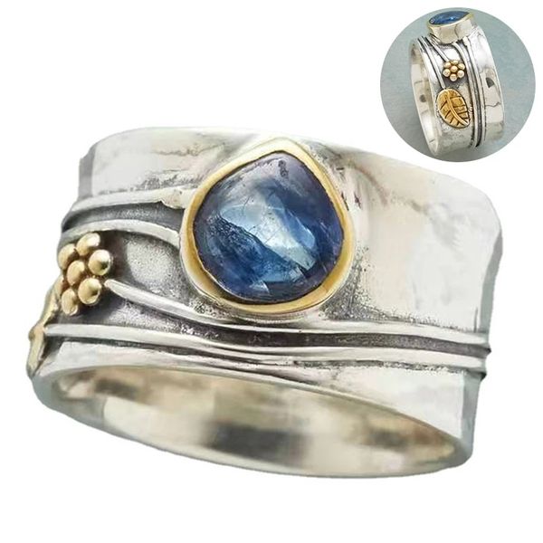 

vintage boho ring for women carved flower leaves water drop crystal inlaid wide face finger joint ring jewelry bohemian gift, Silver