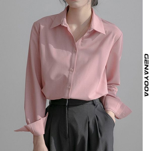 

genayooa elegant womens and blouses casual long sleeve ladies pink turn-down collar korean fashion clothing spring 210417, White