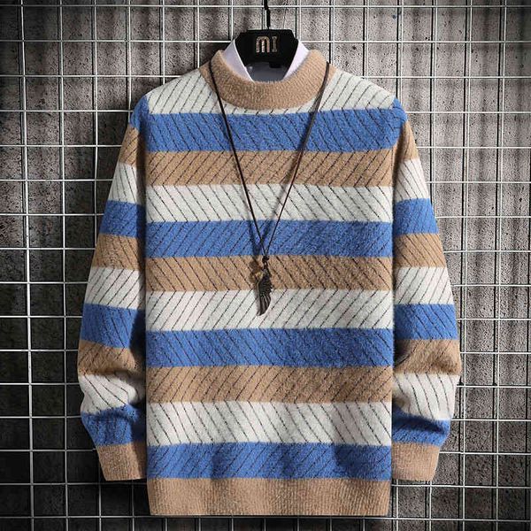 Maglione a contrasto in twill da uomo O-collo Casual lavorato a maglia da uomo Pullover Capispalla allentato Orlo a costine Splice Cappotto caldo oversize Giacca invernale 210524