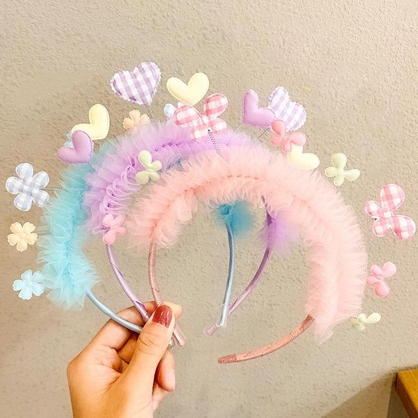 

korean hairbands for girls hair accessories heart flower lace cute children's headdress net yarn heart-shaped fashion headwear, Slivery;white