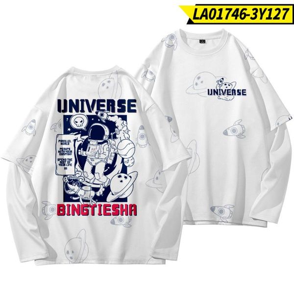 

men's t-shirts men casual white astronaut print spring autumn trend fake two-piece long-sleeved t-shirt, White;black