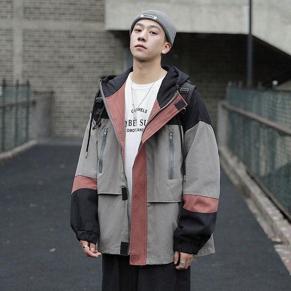 

men's jackets spring autumn contrast jacket men korean casual with hood fashion loose cargo streetwear hip-hop, Black;brown