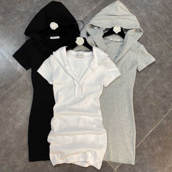 

faop summer arrivals short sleeve v neck hooded high waist slim mini dres fashion gb599 210709, Black;gray